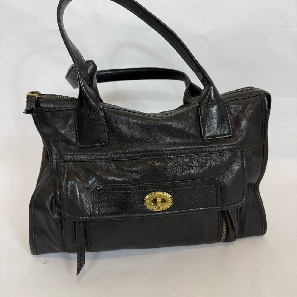Fossil Stanton Retro Shoulder Bag Black Leather Satchel Zip Top Tote Purse